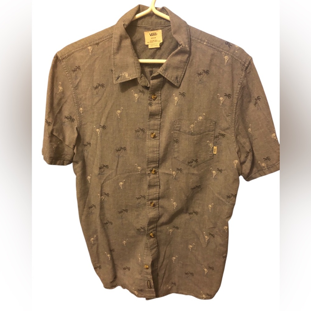 Vans men's blue Hawaiian-print short-sleeve button-up palm trees flamingos Med
